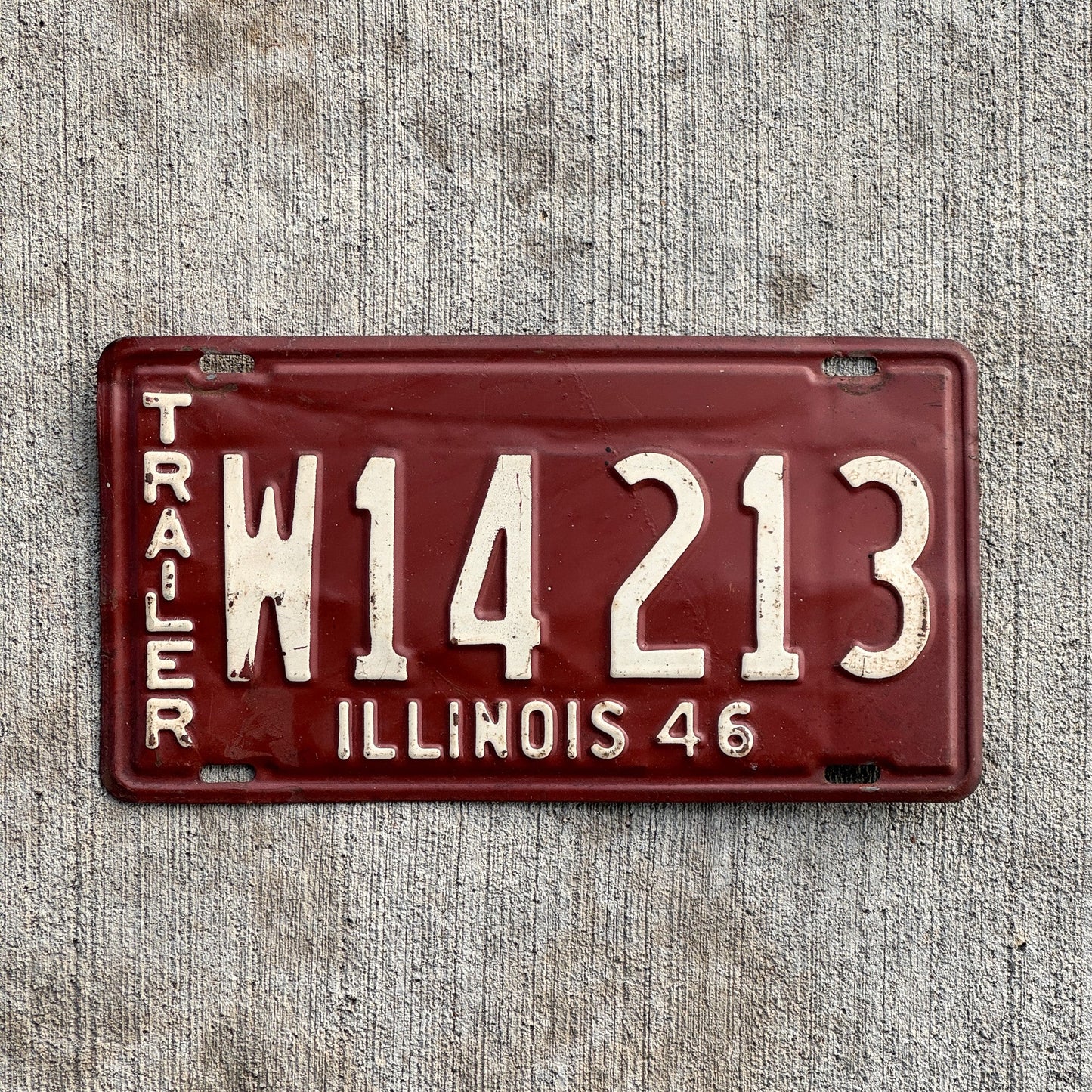 Photo of a 1946 Illinois Trailer License Plate Auto Tag Garage Decor Vintage W14 213 with original patina