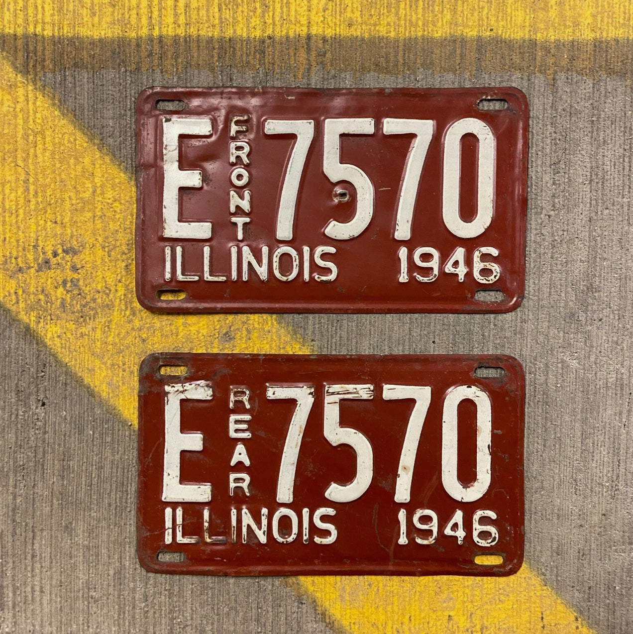 Photo of a 1946 Illinois Truck License Plate Pair Auto Tag Garage Decor Vintage E 7570 with original patina