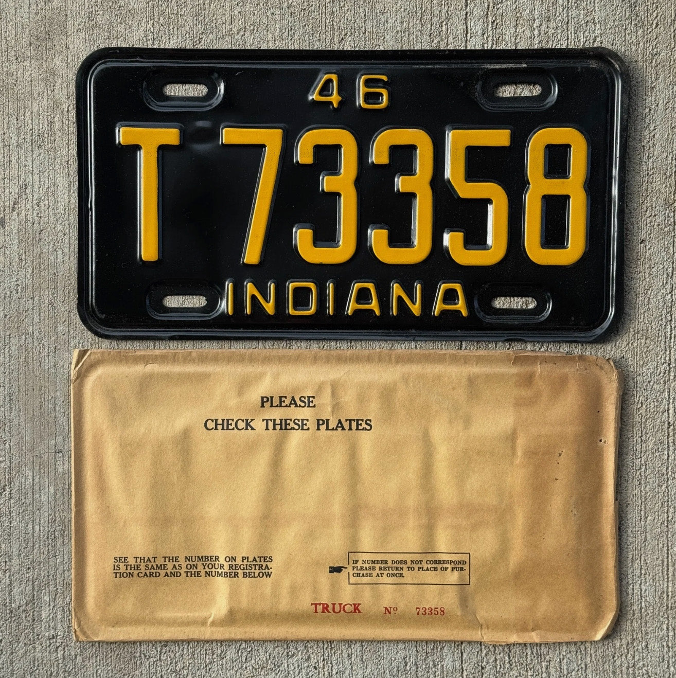 Photo of a 1946 Indiana Truck License Plate Auto Tag Garage Decor Vintage T 73358 with original patina