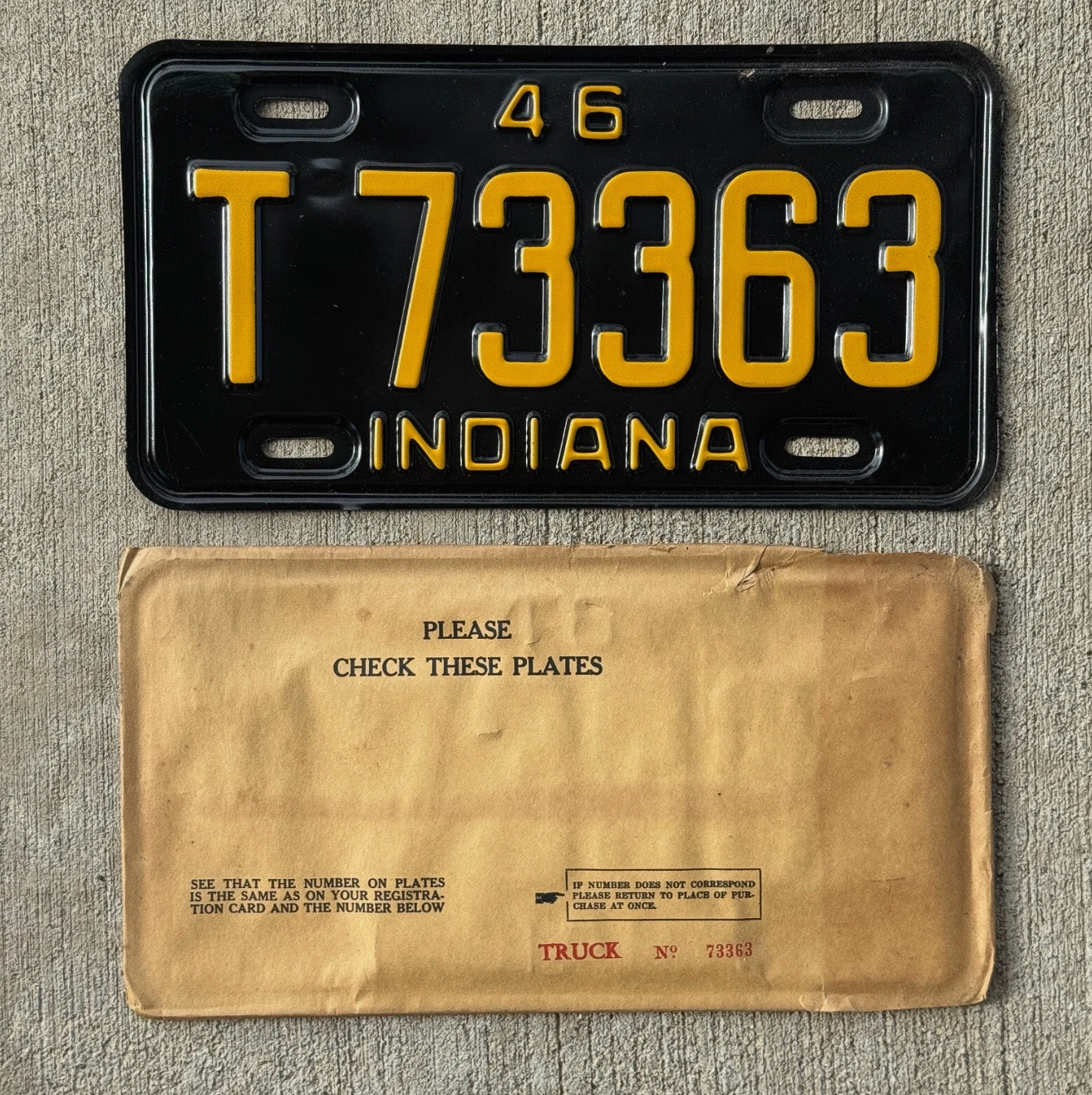 Photo of a 1946 Indiana Truck License Plate Auto Tag Garage Decor Vintage T 73363 with original patina