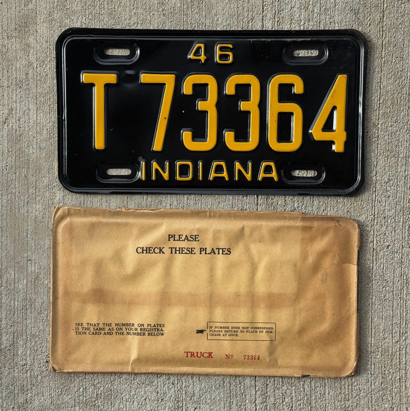 Photo of a 1946 Indiana Truck License Plate Auto Tag Garage Decor Vintage T 73364 with original patina