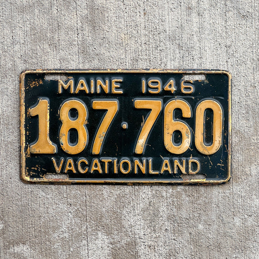 Photo of a 1946 Maine License Plate Auto Tag Garage Decor Vintage Brass 187 760 with original patina
