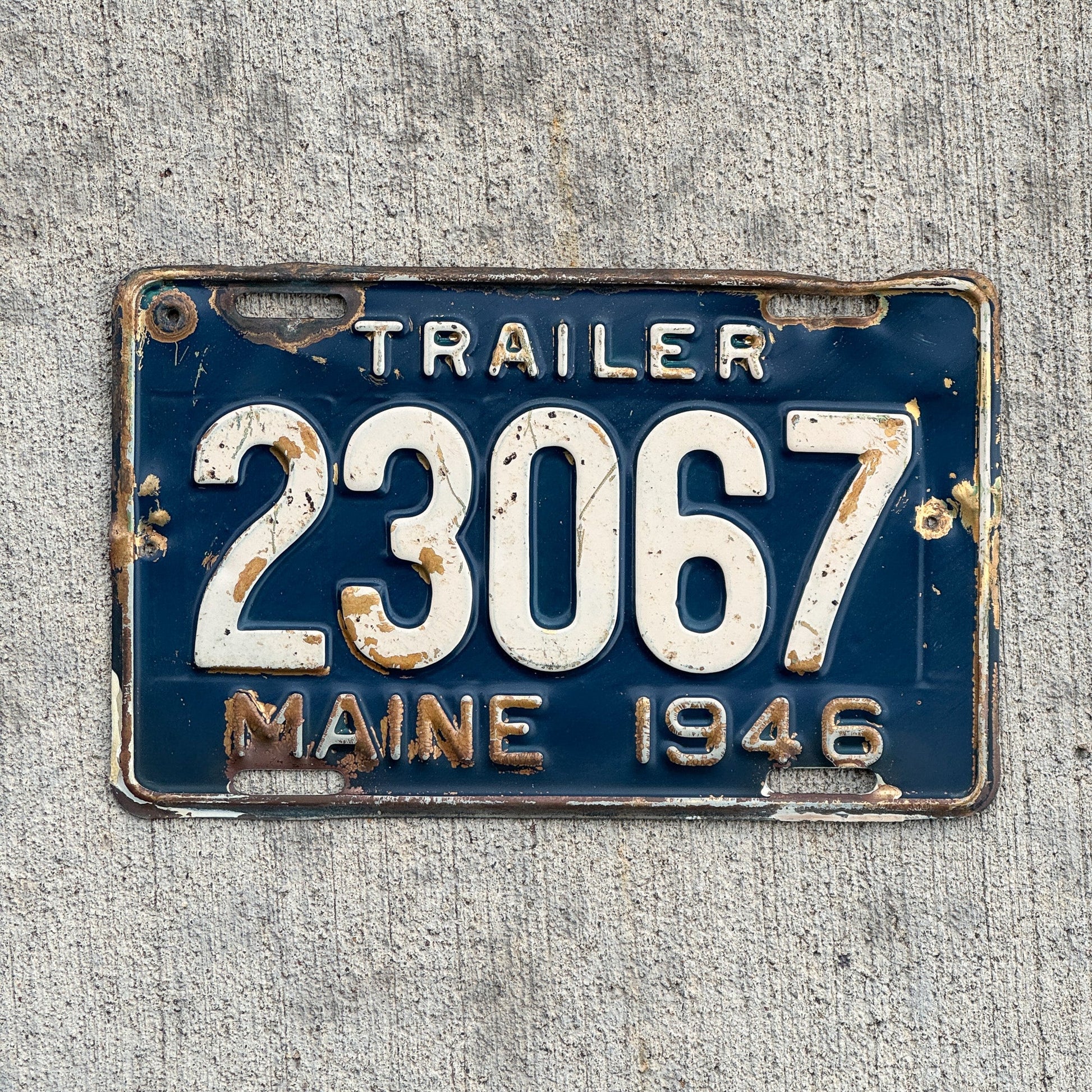 Photo of a 1946 Maine Trailer License Plate Auto Tag Garage Decor Vintage Brass 23067 with original patina