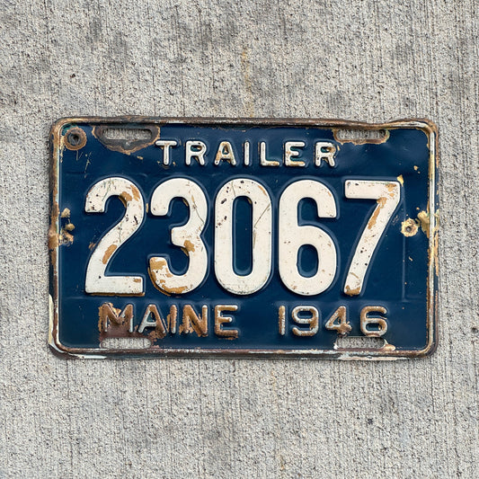 Photo of a 1946 Maine Trailer License Plate Auto Tag Garage Decor Vintage Brass 23067 with original patina