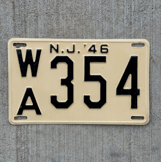 Photo of a 1946 New Jersey License Plate Auto Tag Garage Decor Vintage High Quality WA 354 with original patina