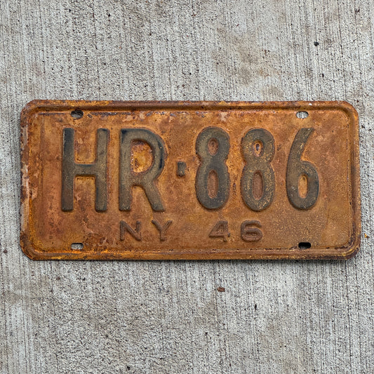 Photo of a 1946 New York License Plate Auto Tag Garage Decor Vintage HR 886 with original patina
