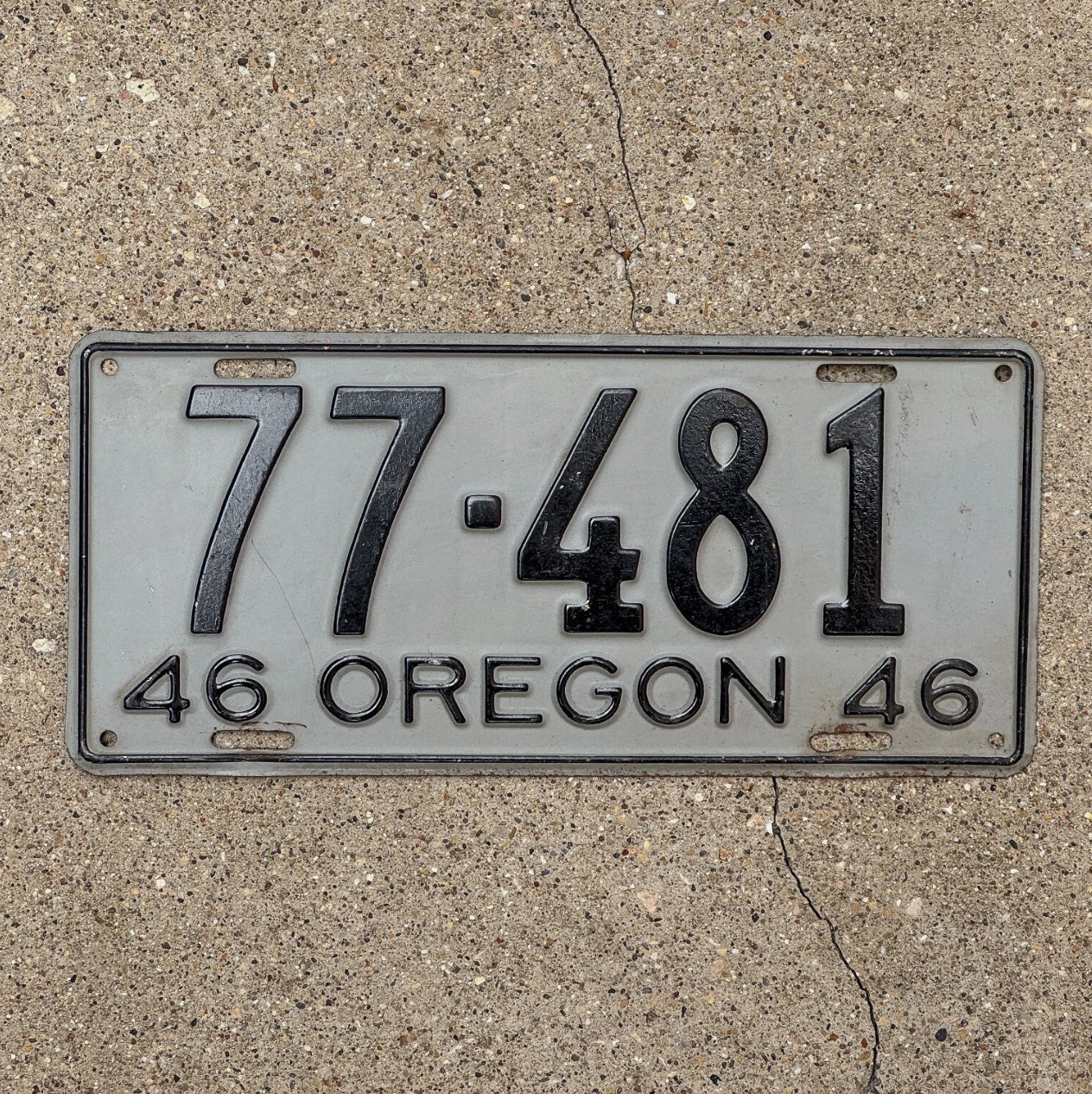 Photo of a 1946 Oregon License Plate Auto Tag Garage Decor Vintage 77 481 with original patina