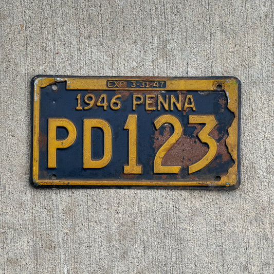 Photo of a 1946 Pennsylvania License Plate Auto Tag Garage Decor Vintage PD 123 with original patina