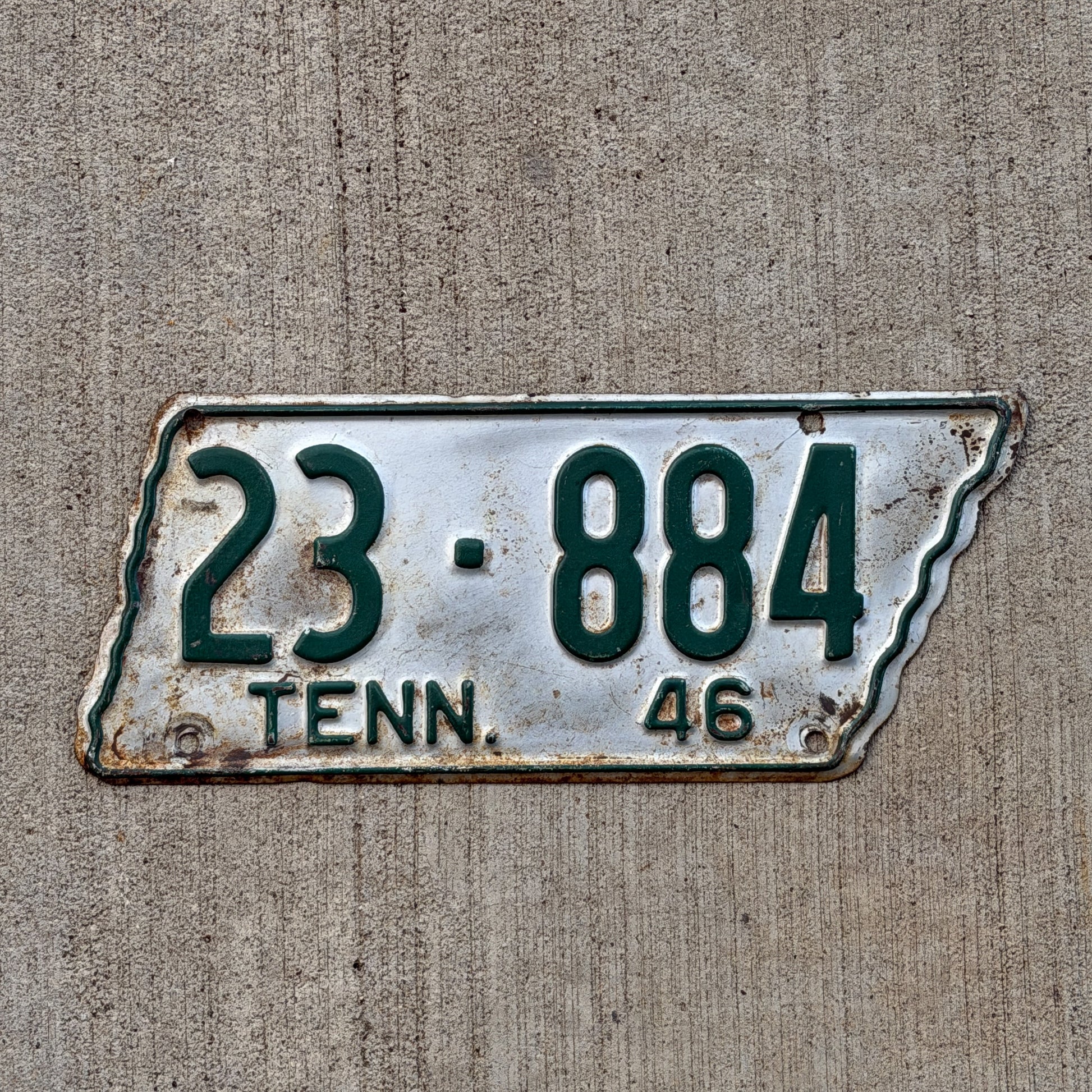 Photo of a 1946 Tennessee License Plate Auto Tag Garage Decor Vintage State Shape 23 884 with original patina