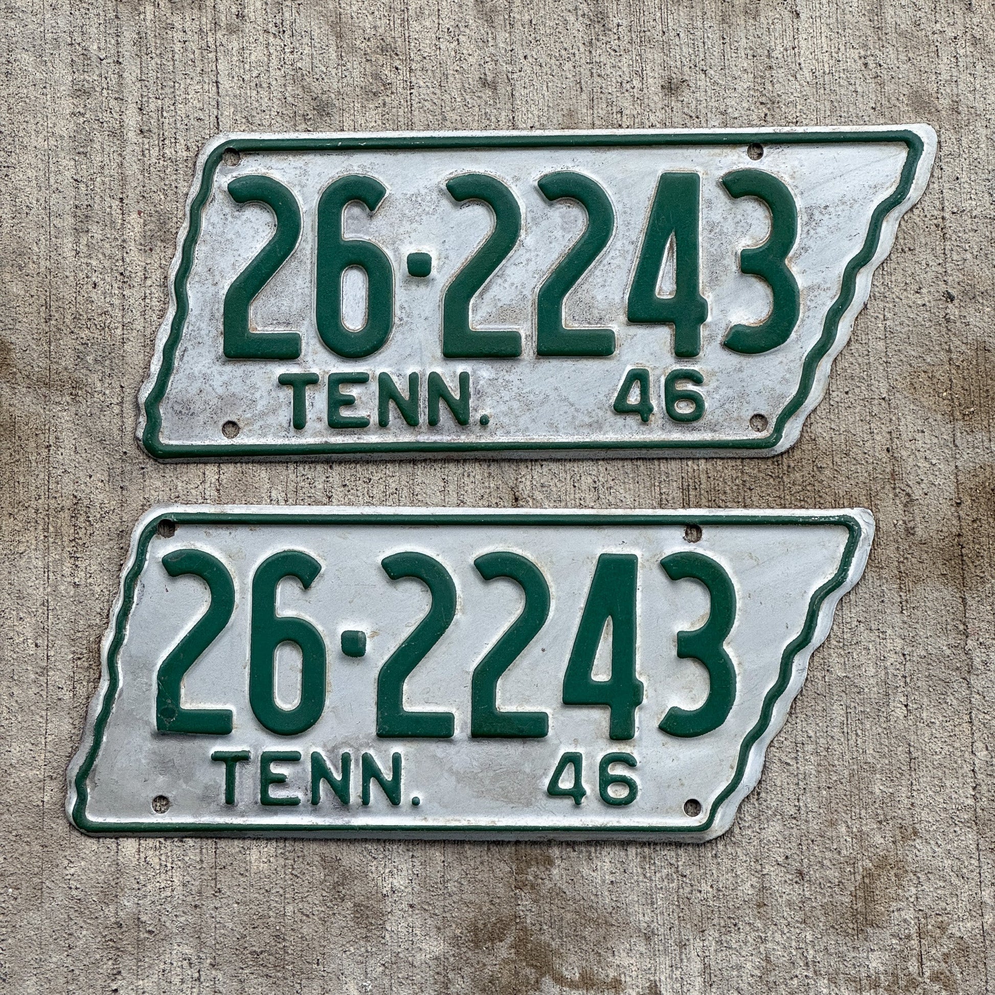 Photo of a 1946 Tennessee License Plate Pair Auto Tag Garage Decor Vintage State Shape 26 2243 with original patina