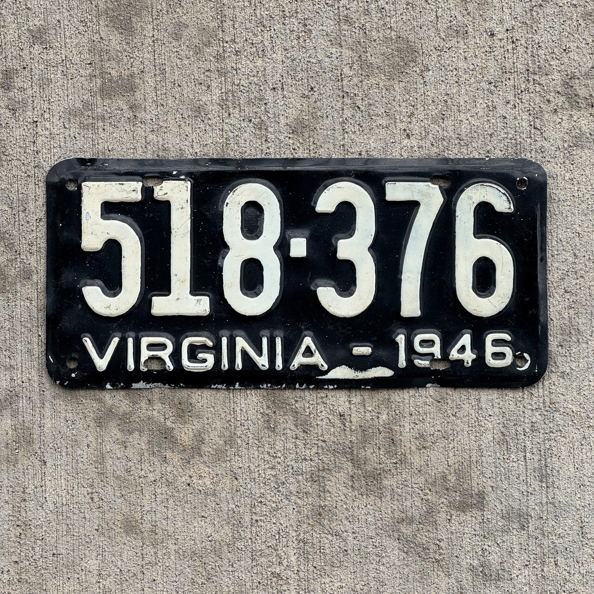 Photo of a 1946 Virginia License Plate Auto Tag Garage Decor Vintage Aluminum Type 518 376 with original patina