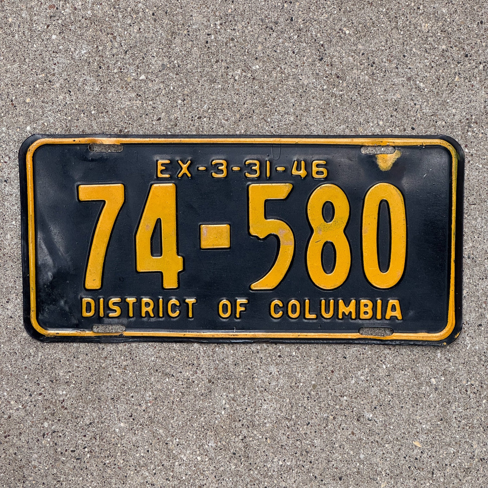 Photo of a 1946 Washington DC License Plate Auto Tag Garage Decor Vintage 74 580 with original patina