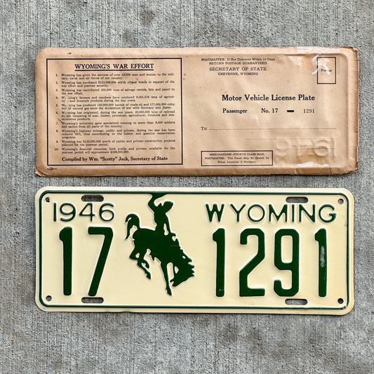 Photo of a 1946 Wyoming License Plate Auto Tag Garage Decor Vintage New Old Stock 17 1291 with original patina