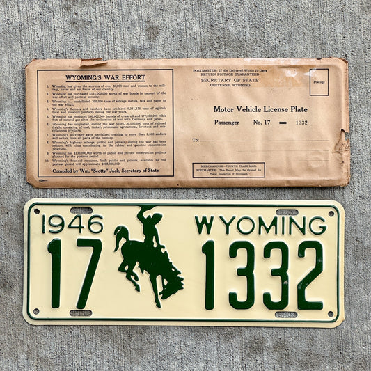 Photo of a 1946 Wyoming License Plate Auto Tag Garage Decor Vintage New Old Stock 17 1332 with original patina