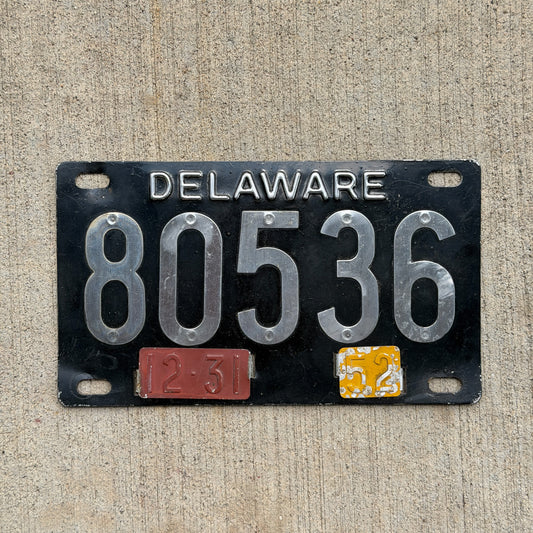 Photo of a 1947 1952 Delaware License Plate Auto Tag Garage Decor Vintage Riveted Numbers 80536 with original patina