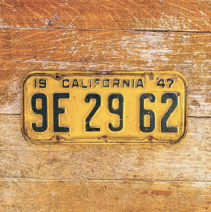 Photo of a 1947 California License Plate Auto Tag Garage Decor Vintage 9E 29 62 with original patina