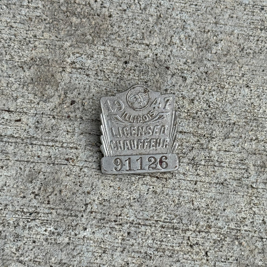 Photo of a 1947 Illinois Chauffeur Badge License Plate Auto Tag Garage Decor Vintage Pin Vintage Automobilia 91126 with original patina