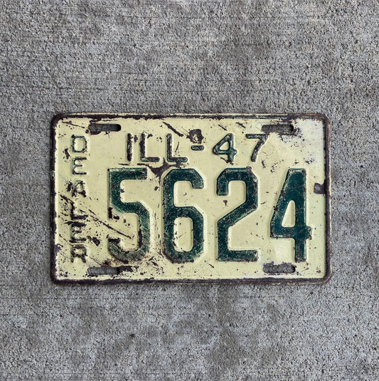 Photo of a 1947 Illinois Dealer License Plate Auto Tag Garage Decor Vintage Low Number Four Digit 5624 with original patina