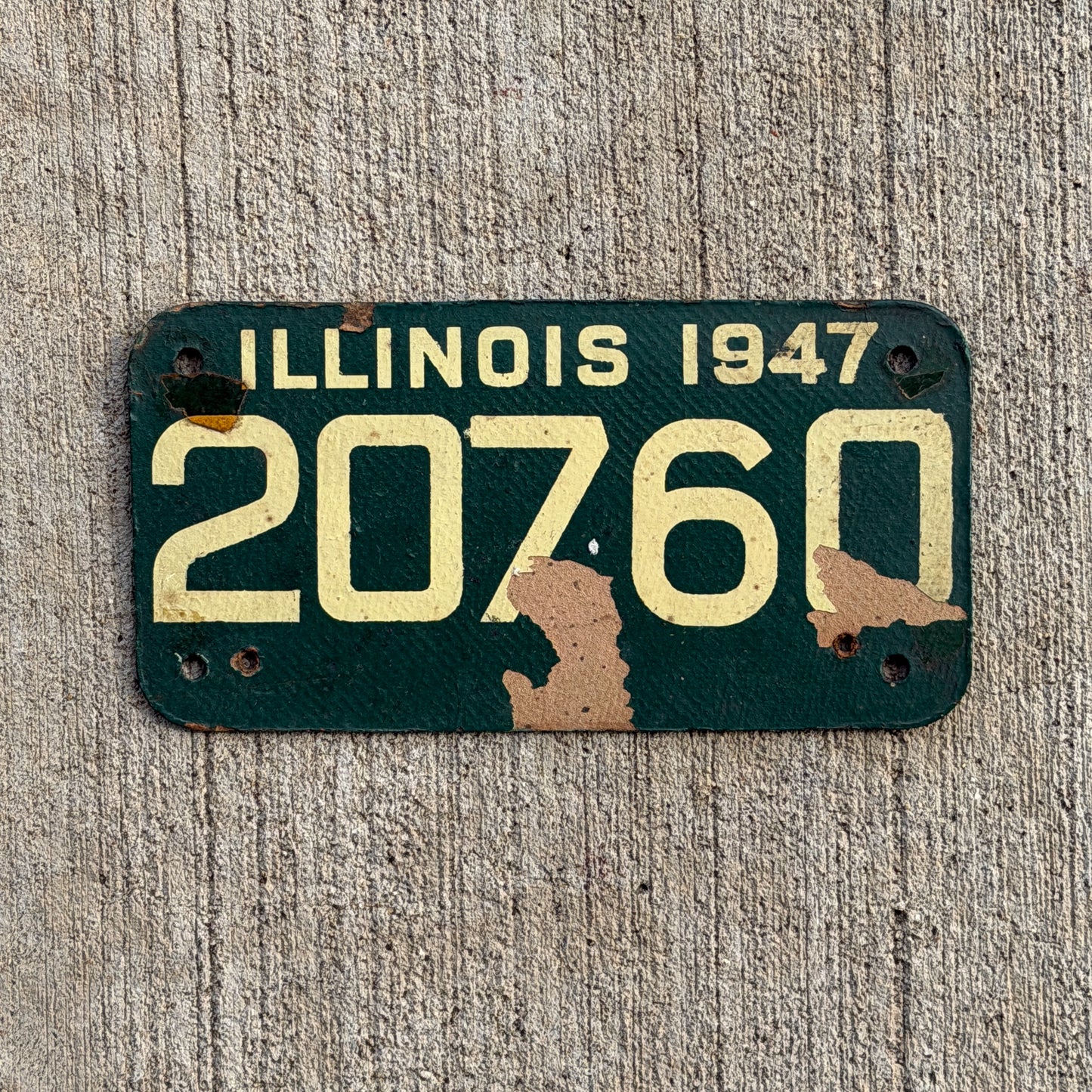 Photo of a 1947 Illinois Fiberboard Motorcycle License Plate Auto Tag Garage Decor Vintage 20760 with original patina