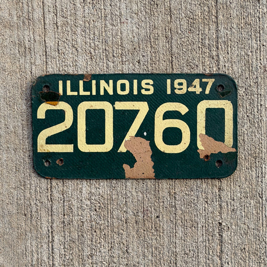 Photo of a 1947 Illinois Fiberboard Motorcycle License Plate Auto Tag Garage Decor Vintage 20760 with original patina
