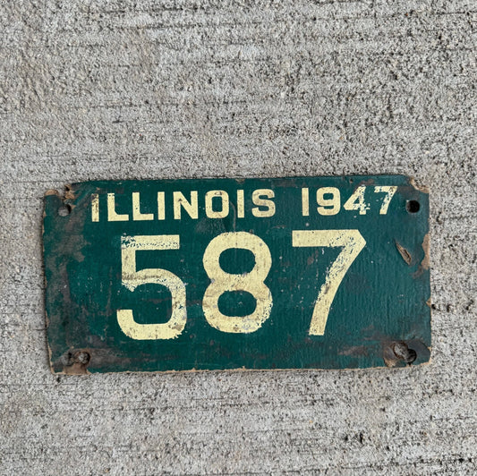Photo of a 1947 Illinois Fiberboard Motorcycle License Plate Auto Tag Garage Decor Vintage Low Number Three Digit 587 with original patina