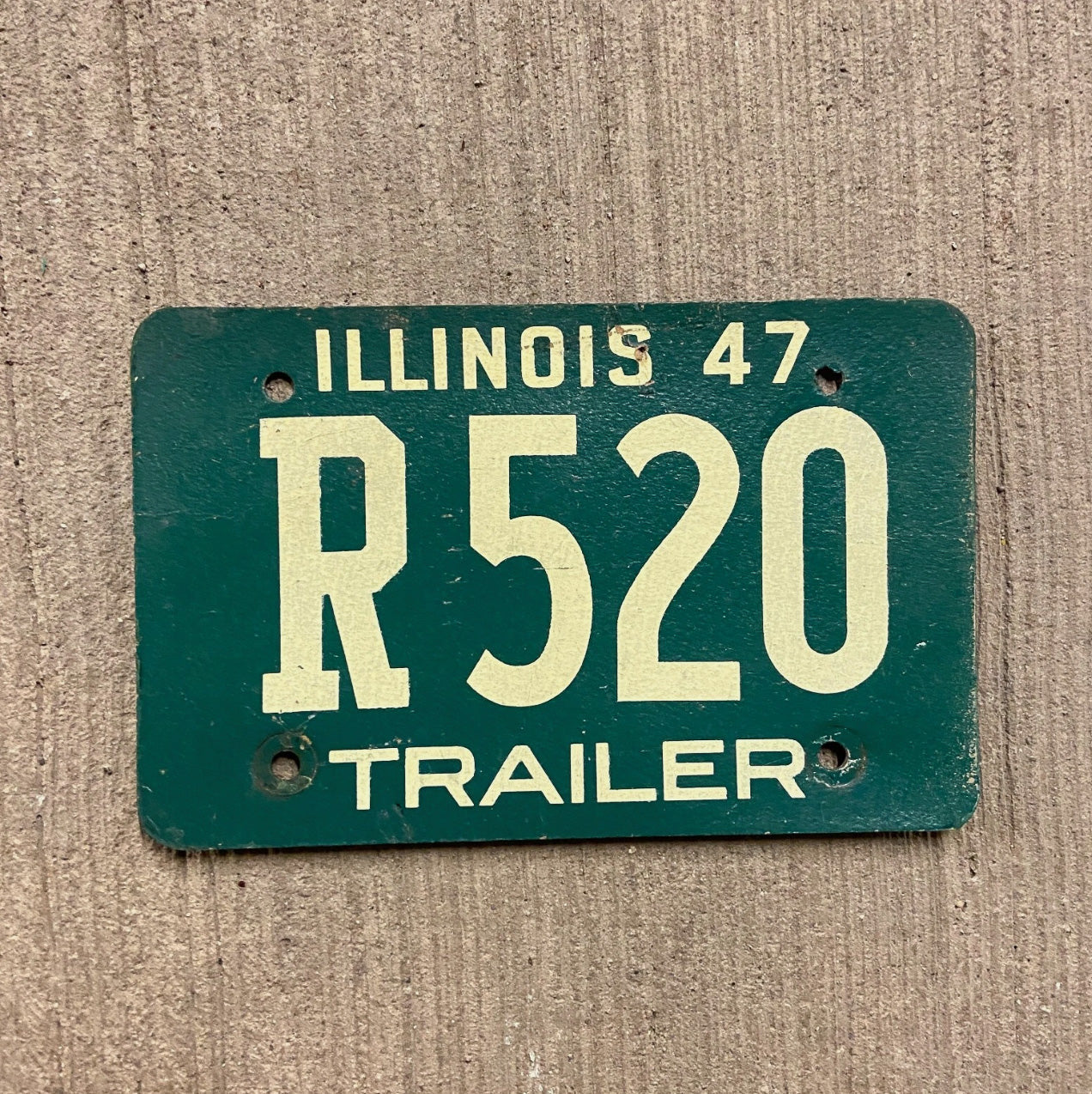 Photo of a 1947 Illinois Fiberboard Trailer License Plate Auto Tag Garage Decor Vintage R 520 with original patina