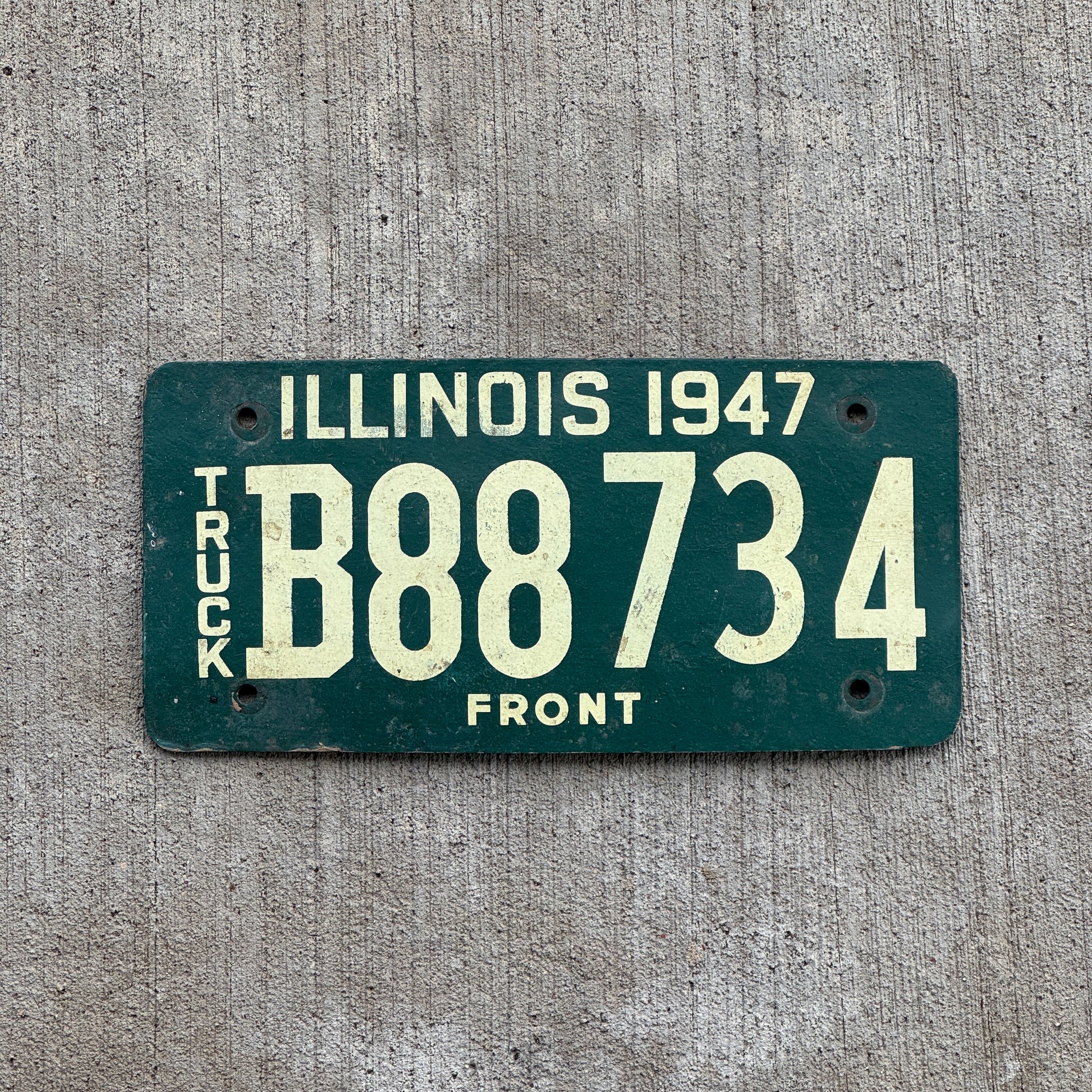 Photo of a 1947 Illinois Fiberboard Truck License Plate Auto Tag Garage Decor Vintage B 88 734 with original patina