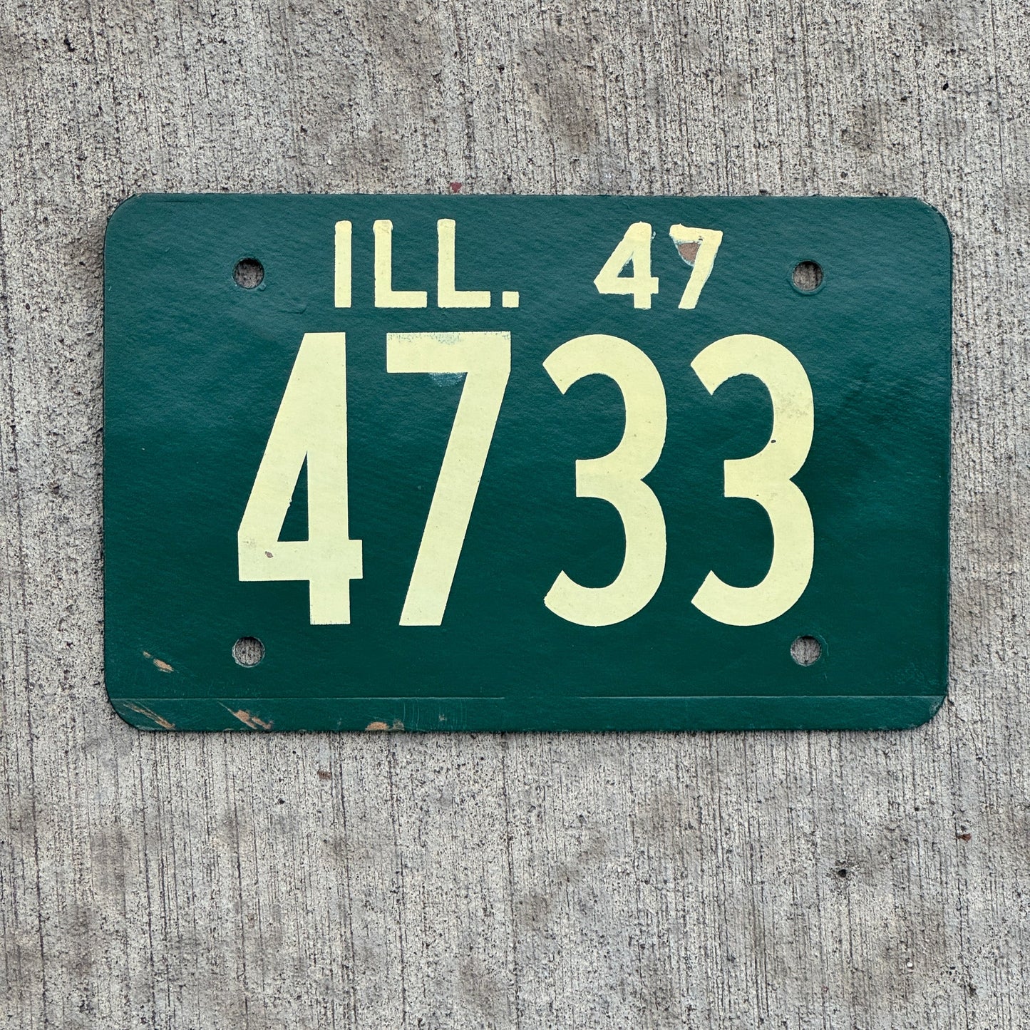 Photo of a 1947 Illinois License Plate Auto Tag Garage Decor Vintage Fiberboard Low Number Four Digit 4733 with original patina