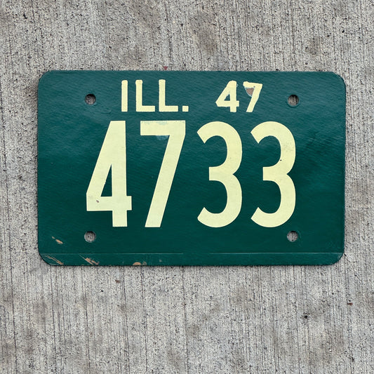 Photo of a 1947 Illinois License Plate Auto Tag Garage Decor Vintage Fiberboard Low Number Four Digit 4733 with original patina
