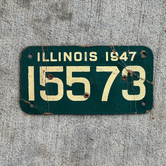 Photo of a 1947 Illinois Motorcycle License Plate Auto Tag Garage Decor Vintage Fiberboard 15573 with original patina