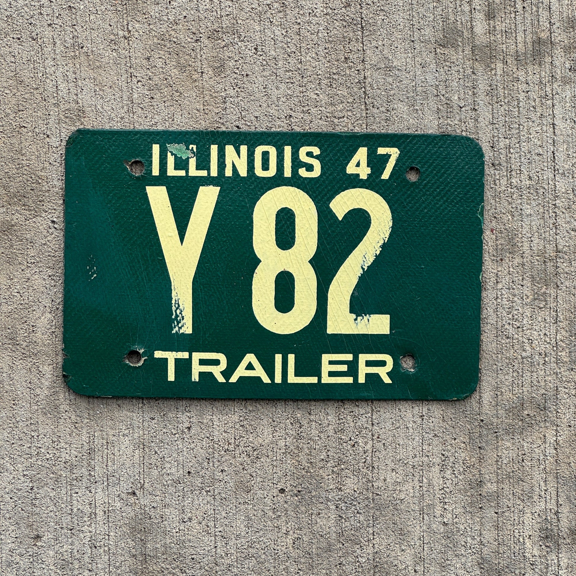 Photo of a 1947 Illinois Trailer License Plate Auto Tag Garage Decor Vintage Fiberboard High Quality Y 82 with original patina