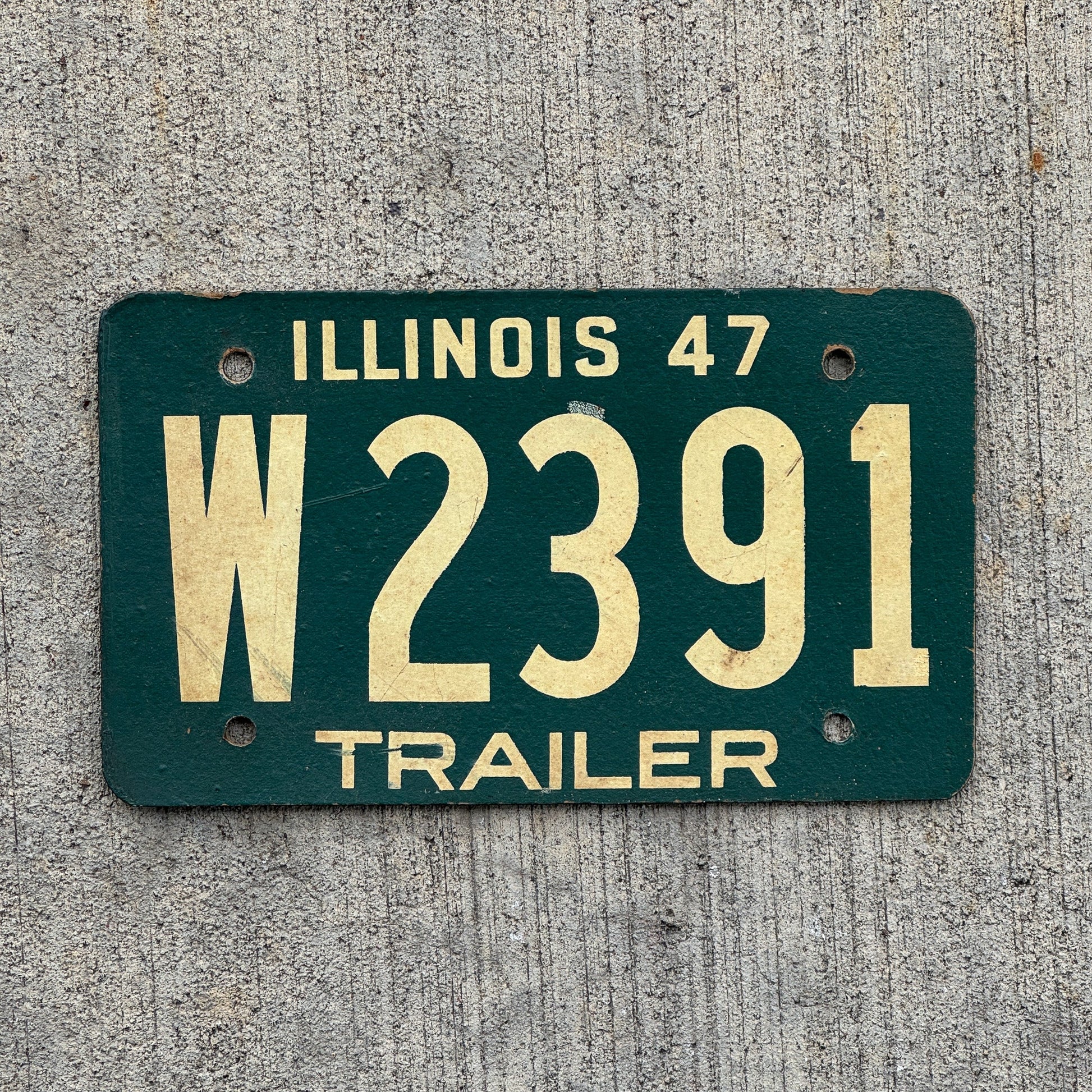 Photo of a 1947 Illinois Trailer License Plate Auto Tag Garage Decor Vintage Fiberboard W 2391 with original patina