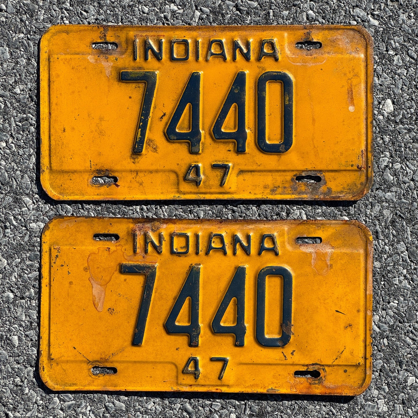 Photo of a 1947 Indiana License Plate Pair Auto Tag Garage Decor Vintage Four Digit Low Number 7440