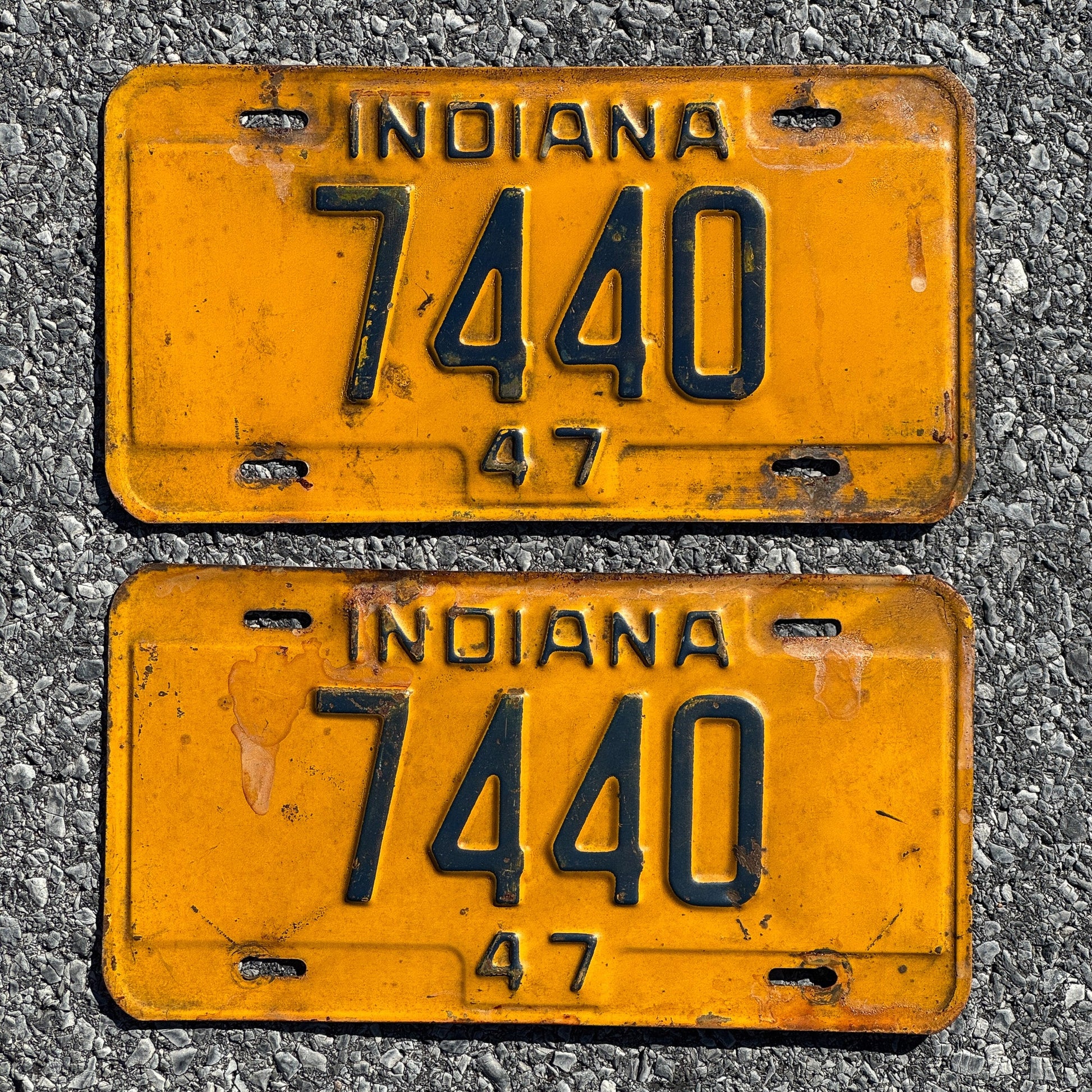 Photo of a 1947 Indiana License Plate Pair Auto Tag Garage Decor Vintage Four Digit Low Number 7440