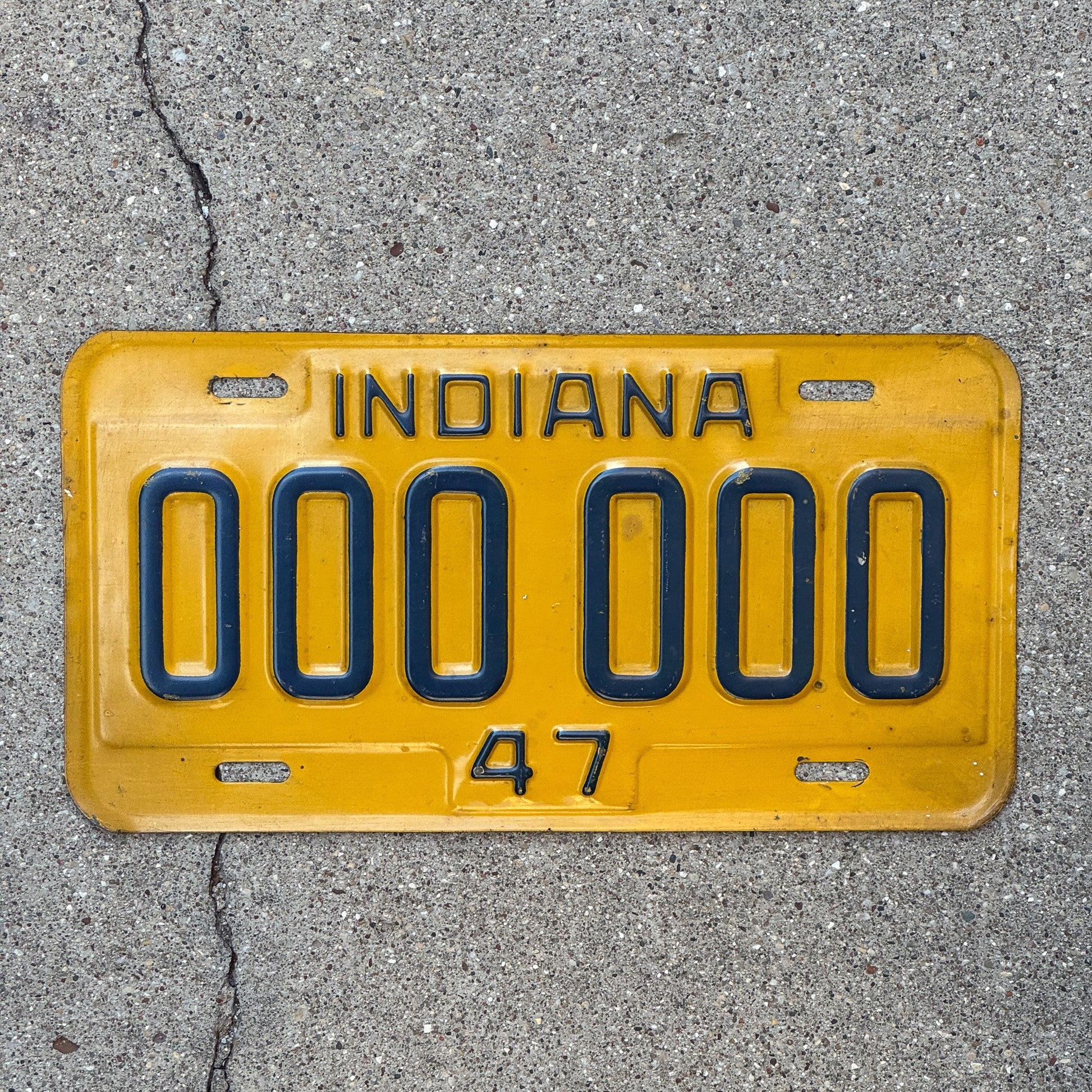 Photo of a 1947 Indiana Sample License Plate Auto Tag Garage Decor Vintage 000000 with original patina