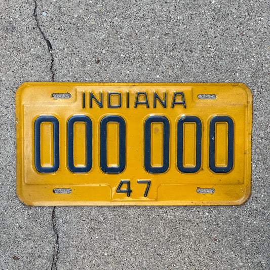 Photo of a 1947 Indiana Sample License Plate Auto Tag Garage Decor Vintage 000000 with original patina