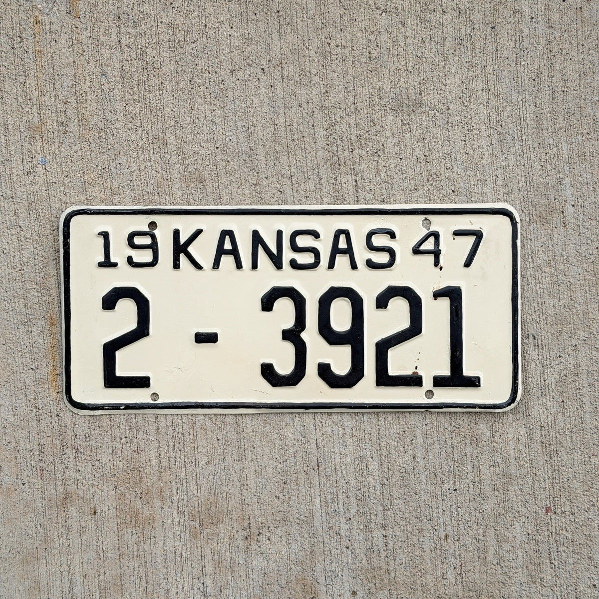 Photo of a 1947 Kansas License Plate Auto Tag Garage Decor Vintage 2 3921 with original patina