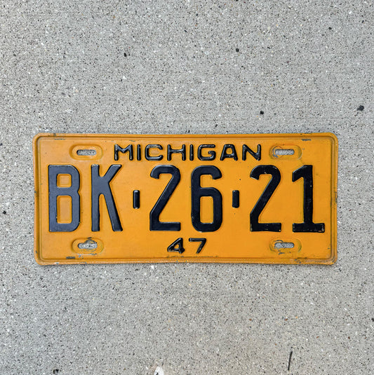Photo of a 1947 Michigan License Plate Auto Tag Garage Decor Vintage BK 26 21 with original patina