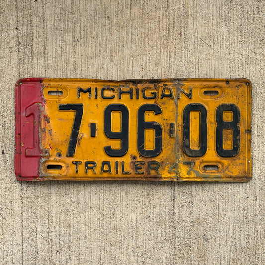 Photo of a 1947 Michigan Trailer License Plate Auto Tag Garage Decor Vintage 7 96 08 with original patina