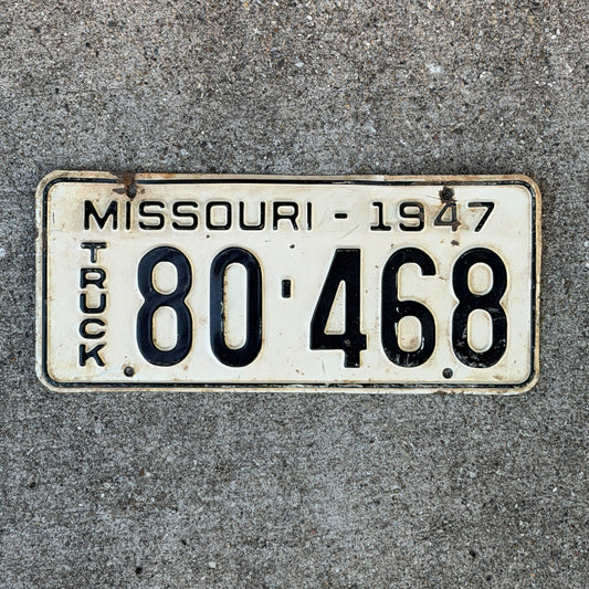 Photo of a 1947 Missouri Truck License Plate Auto Tag Garage Decor Vintage 80 468 with original patina