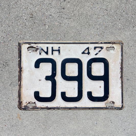 Photo of a 1947 New Hampshire License Plate Auto Tag Garage Decor Vintage Low Number Three Digit 399 with original patina