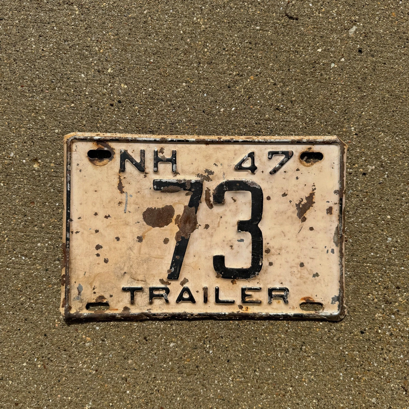 Photo of a 1947 New Hampshire Trailer License Plate Auto Tag Garage Decor Vintage Nice Low Number Two 2 Digit NH 73