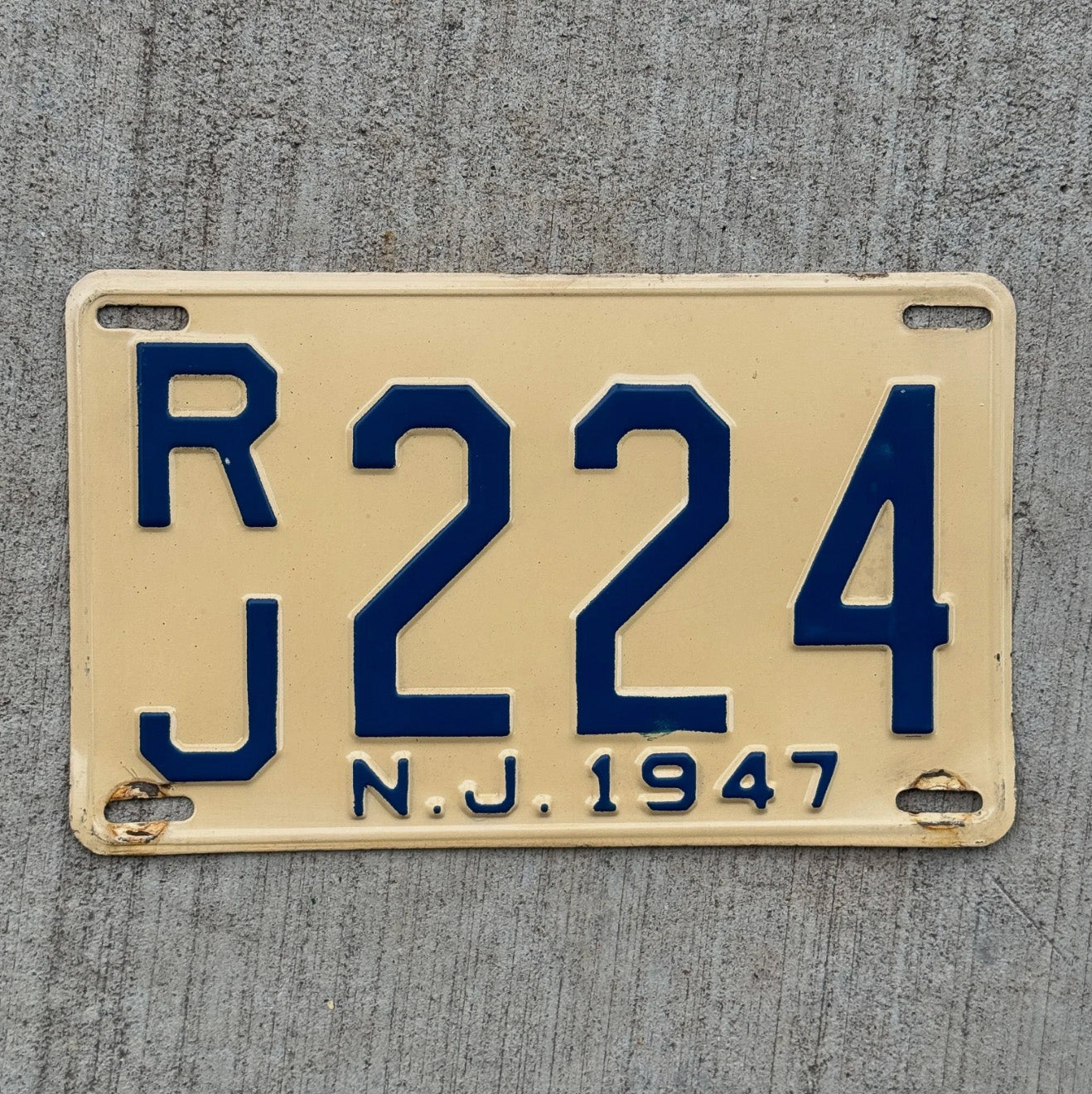 Photo of a 1947 New Jersey License Plate Auto Tag Garage Decor Vintage High Quality RJ 224 with original patina