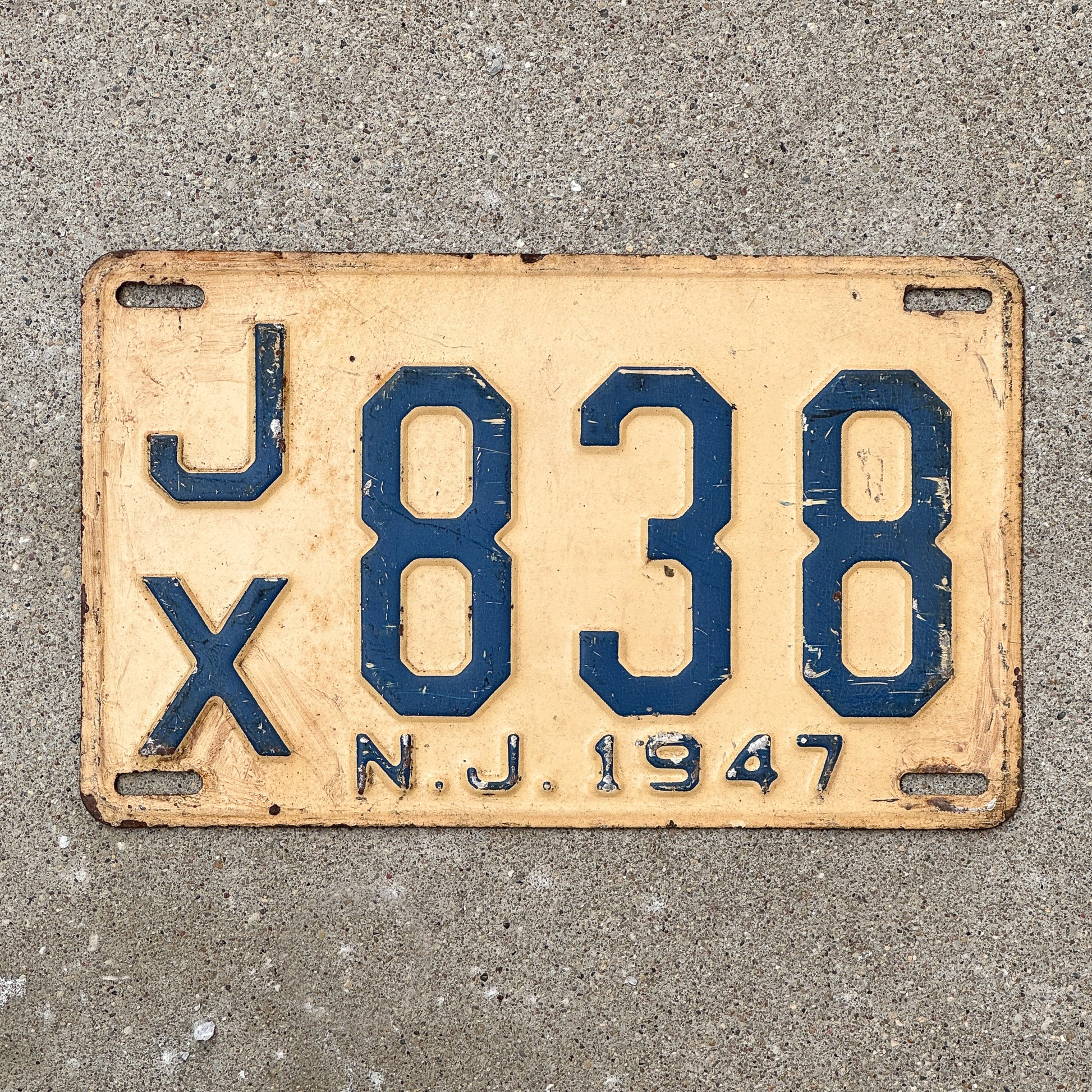 Photo of a 1947 New Jersey License Plate Auto Tag Garage Decor Vintage JX 838 with original patina