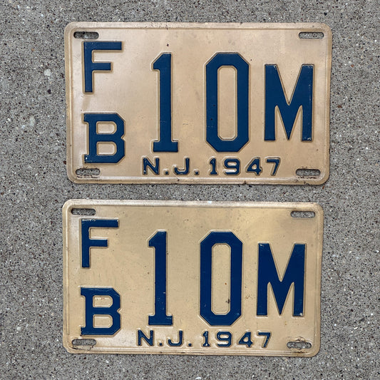Photo of a 1947 New Jersey License Plate Pair Auto Tag Garage Decor Vintage FB 10 M