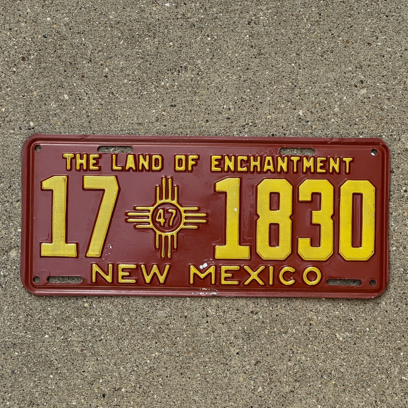 Photo of a 1947 New Mexico License Plate Auto Tag Garage Decor Vintage Zia 17 1830 with original patina