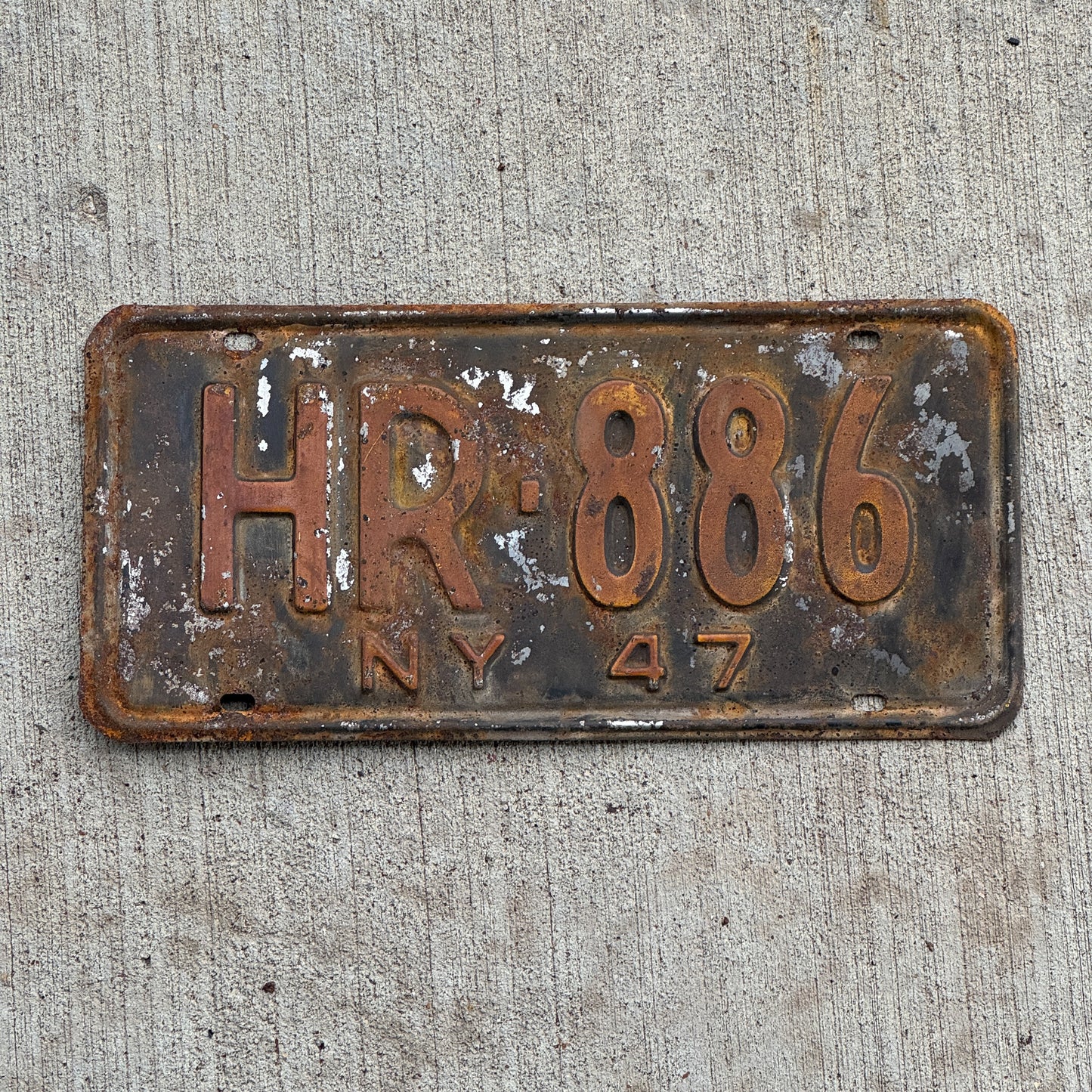 Photo of a 1947 New York License Plate Auto Tag Garage Decor Vintage HR 886 with original patina
