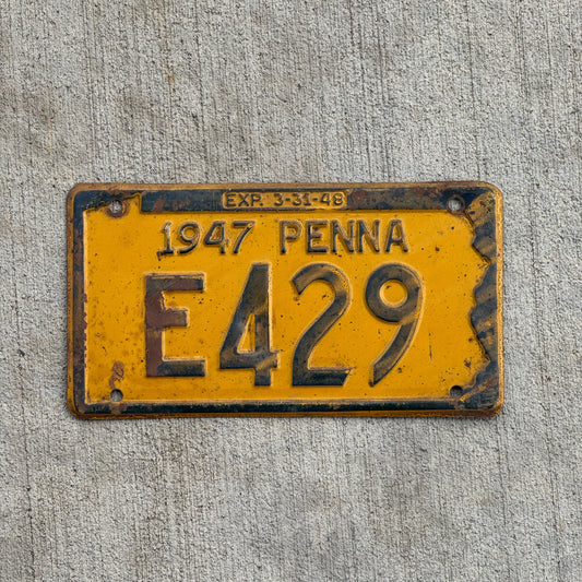 Photo of a 1947 Pennsylvania License Plate Auto Tag Garage Decor Vintage E 429 with original patina