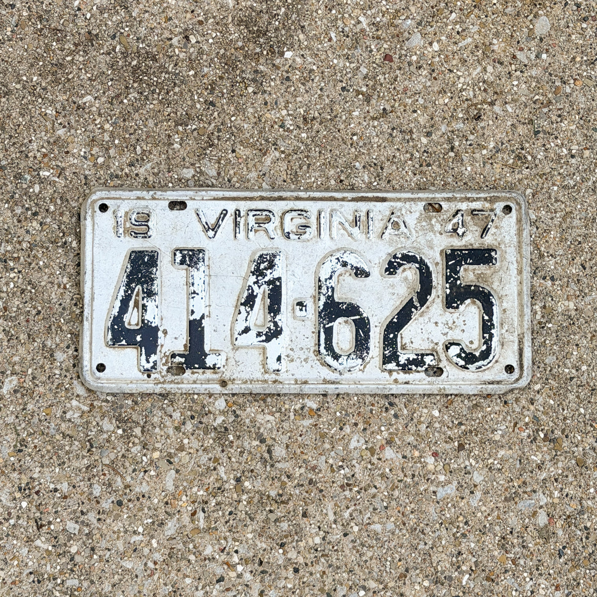 Photo of a 1947 Virginia License Plate Auto Tag Garage Decor Vintage 414 625 with original patina