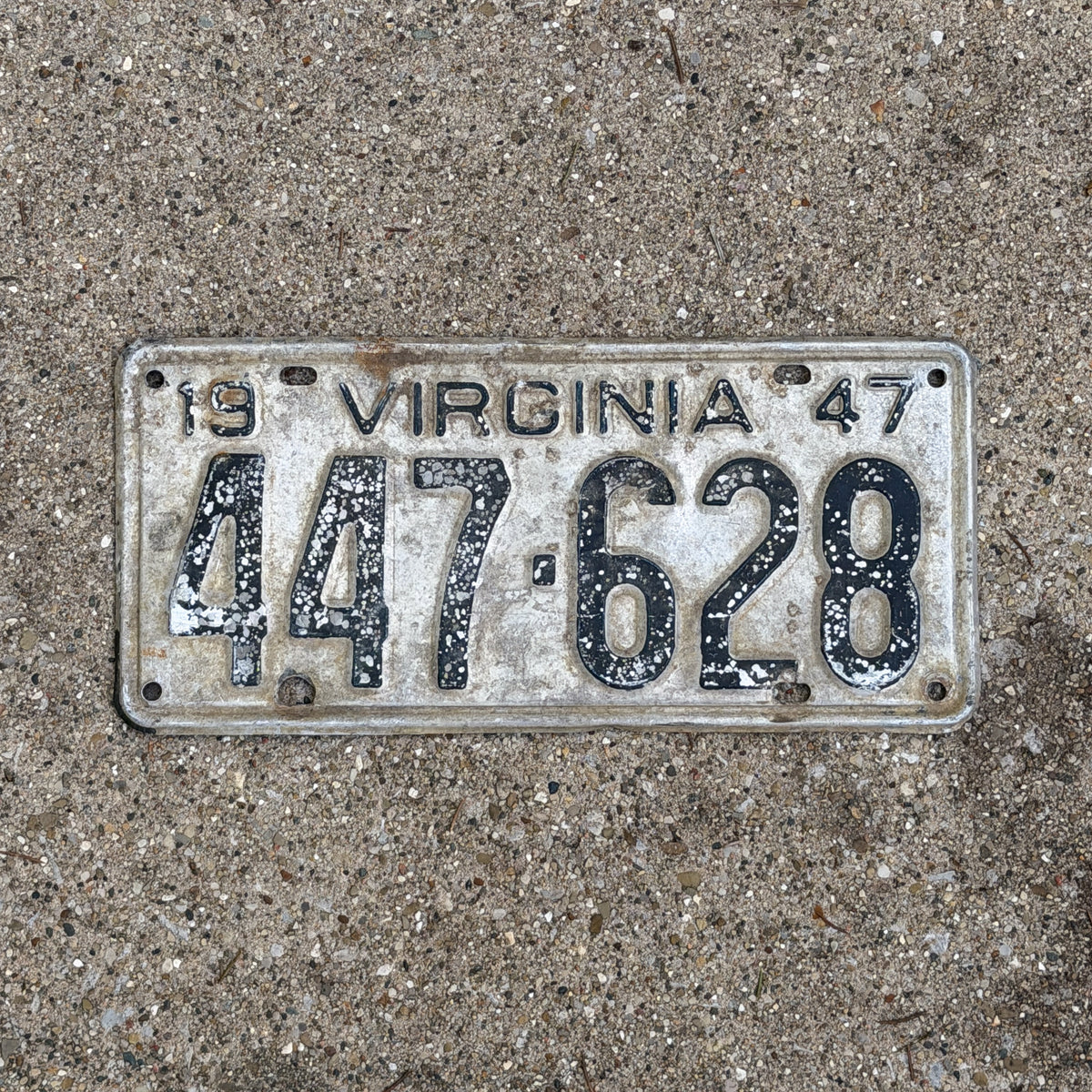 Photo of a 1947 Virginia License Plate Auto Tag Garage Decor Vintage 447 628 with original patina
